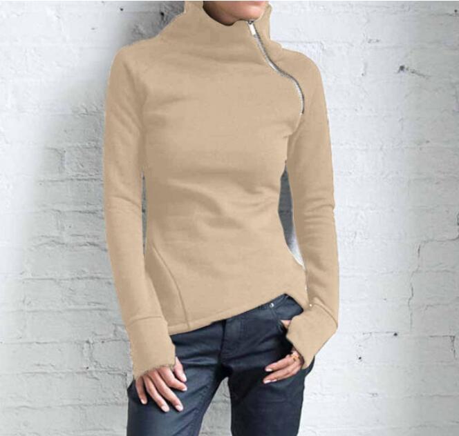 Spring Autumn Casual Solid Hoodies Women Long Sleeve Turtleneck Zipper Sweatshirts Female Irregular Tops
