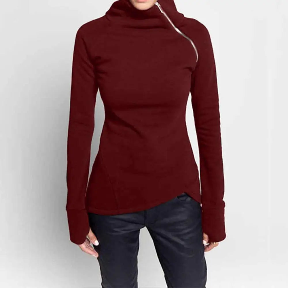 Spring Autumn Casual Solid Hoodies Women Long Sleeve Turtleneck Zipper Sweatshirts Female Irregular Tops