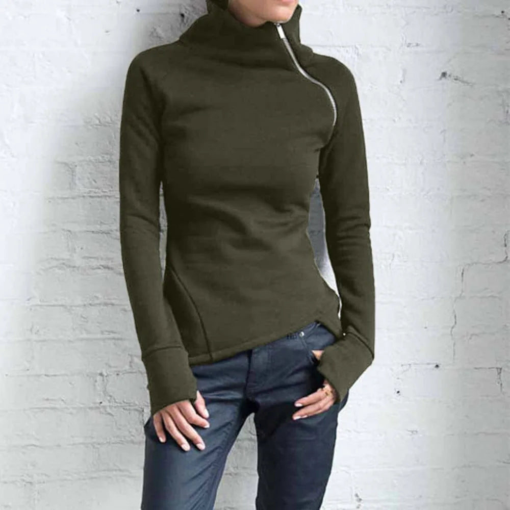 Spring Autumn Casual Solid Hoodies Women Long Sleeve Turtleneck Zipper Sweatshirts Female Irregular Tops